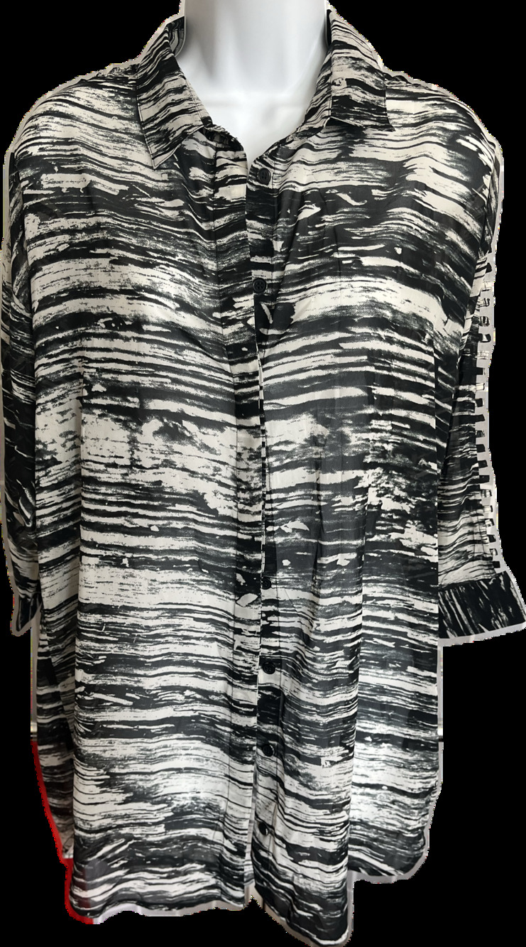 Religion black white 3/4 long sleeve button up cutout panel strips sleeves S NWT